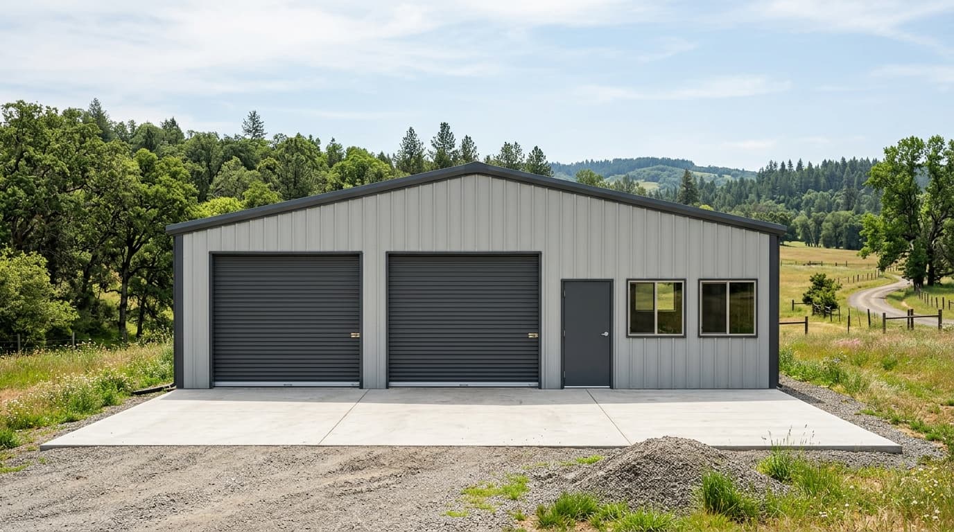 A steel metal garage workshop with two roll-up doors, a walk-in door and windows