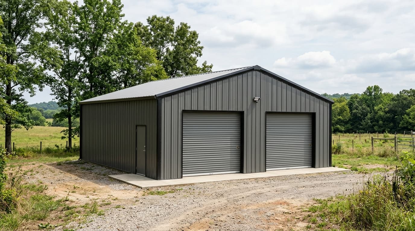 A 30x40 metal garage with two roll-up doors on a rural lot