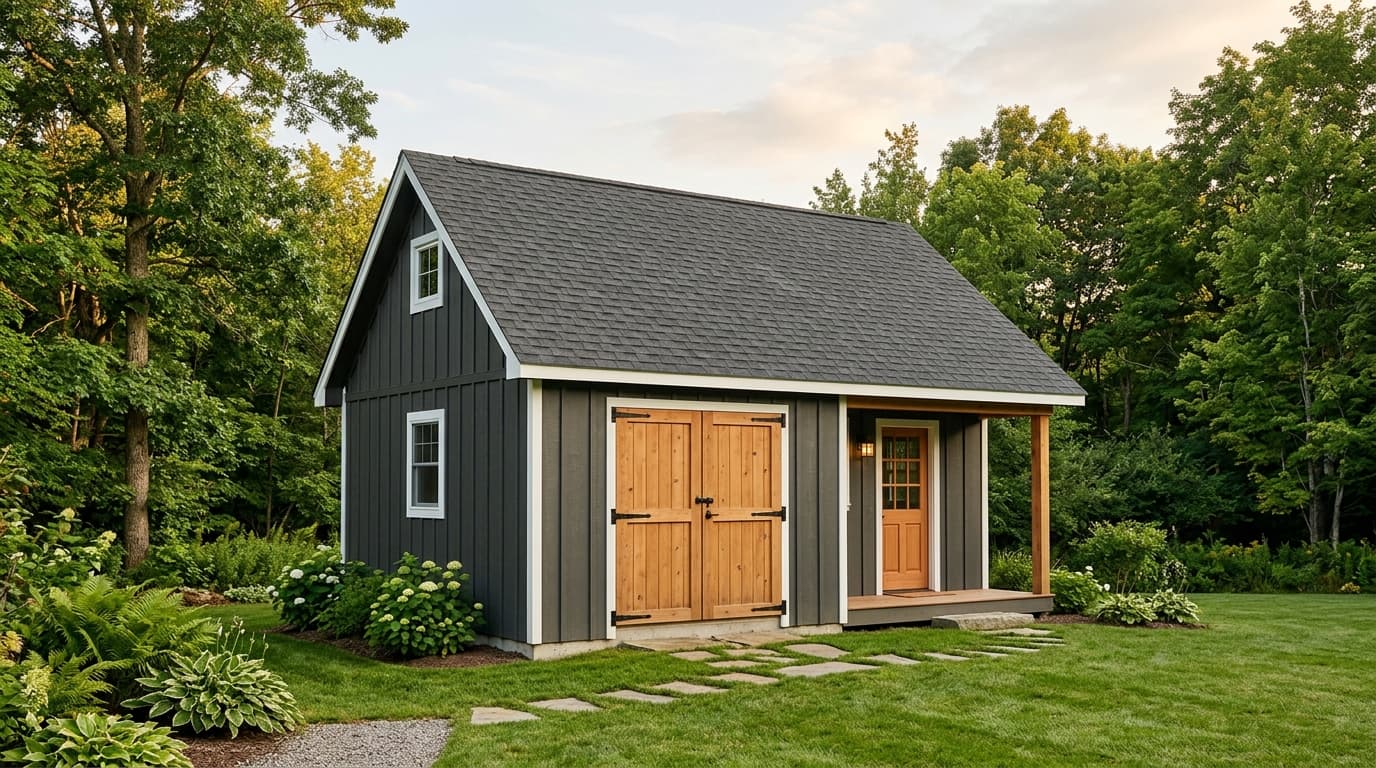 A backyard storage shed with a gable roof, covered porch and double barn doors