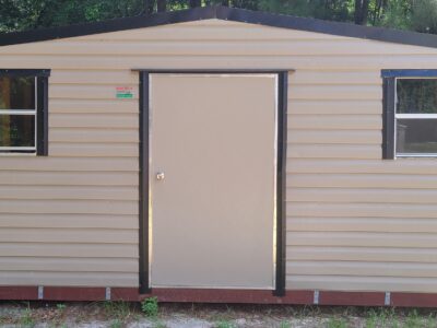 Durable outdoor storage shed in Hickory Moss with black trim